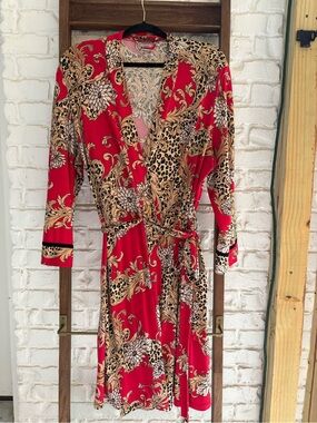 Linea Donatella Red Floral & Leopard Wrap Robe Sz L/XL